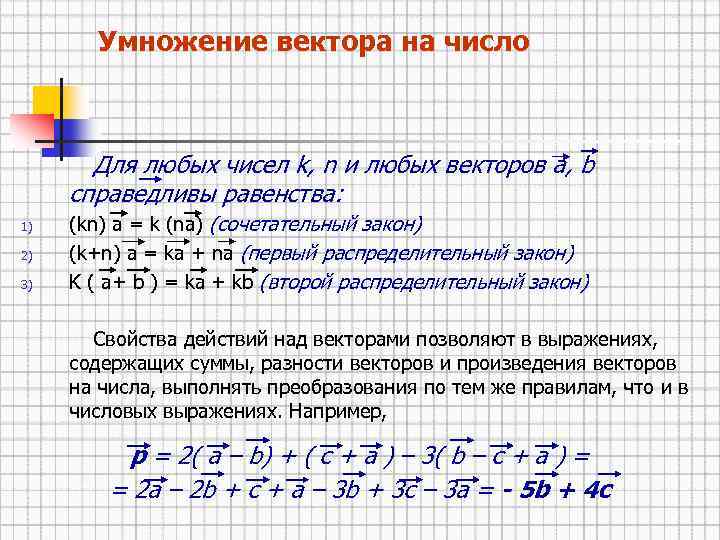 Умножение вектора на число Для любых чисел k, n и любых векторов а, b
