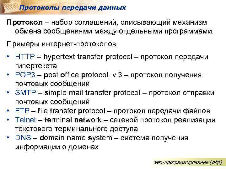 Протоколы передачи данных Протокол – набор соглашений, описывающий механизм обмена сообщениями между отдельными программами.