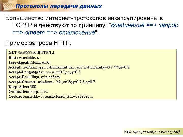 Протоколы передачи данных Большинство интернет-протоколов инкапсулированы в TCP/IP и действуют по принципу: "соединение ==>