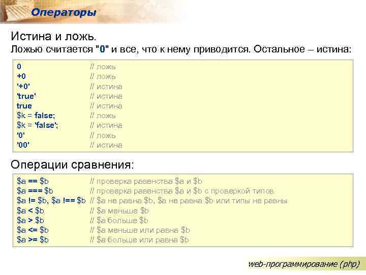 Операторы Истина и ложь. Ложью считается "0" и все, что к нему приводится. Остальное