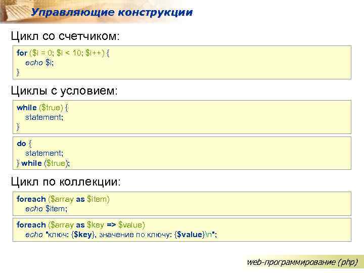 Управляющие конструкции Цикл со счетчиком: for ($i = 0; $i < 10; $i++) {