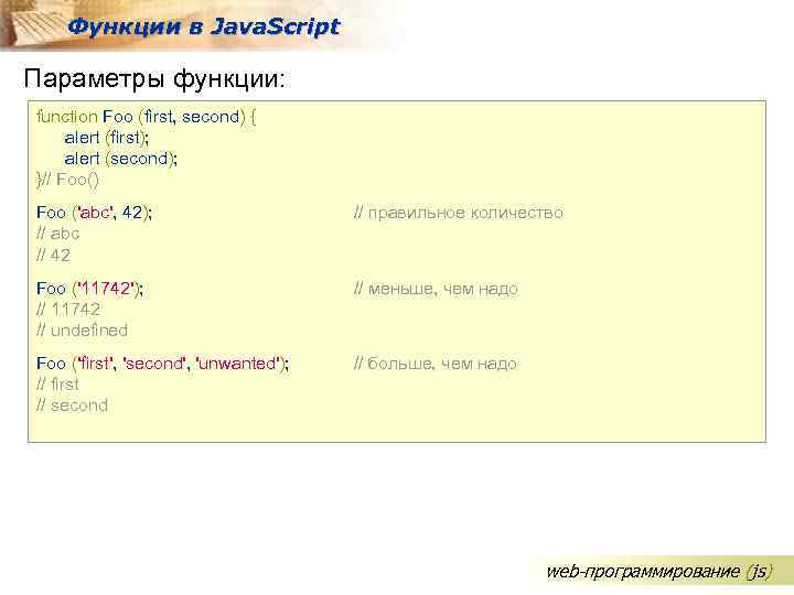 Функции в Java. Script Параметры функции: function Foo (first, second) { alert (first); alert