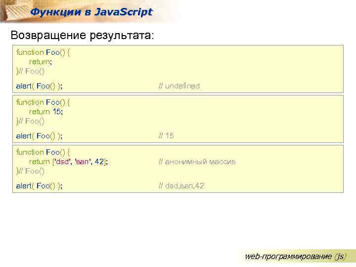 Функции в Java. Script Возвращение результата: function Foo() { return; }// Foo() alert( Foo()