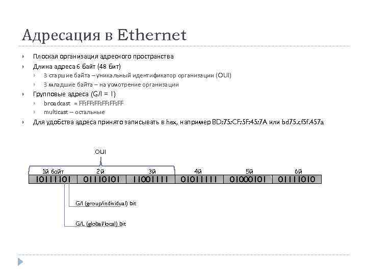 Адресация в Ethernet Плоская организация адресного пространства Длина адреса 6 байт (48 бит) Групповые