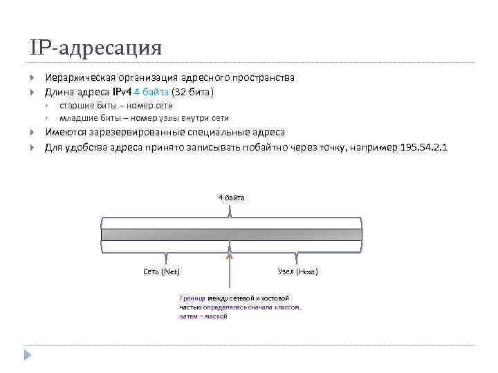 IP-адресация Иерархическая организация адресного пространства Длина адреса IPv 4 4 байта (32 бита) старшие