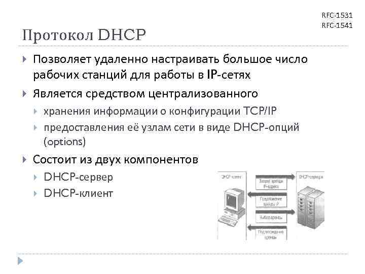 Протокол DHCP Позволяет удаленно настраивать большое число рабочих станций для работы в IP-сетях Является