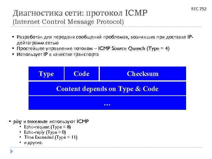 Диагностика сети: протокол ICMP RFC 792 (Internet Control Message Protocol) • Разработан для передачи
