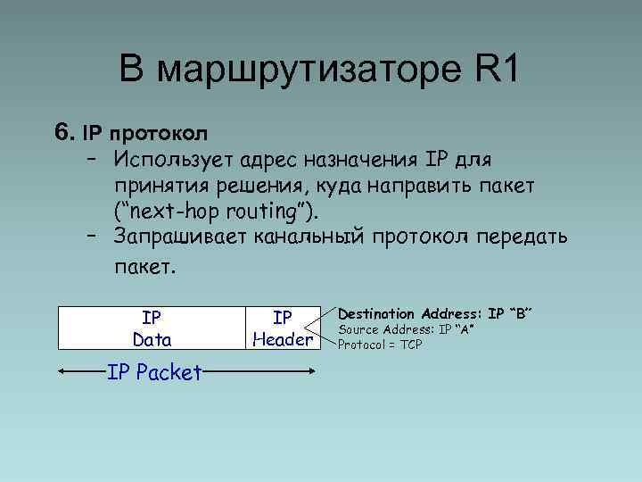 В маршрутизаторе R 1 6. IP протокол – Использует адрес назначения IP для принятия