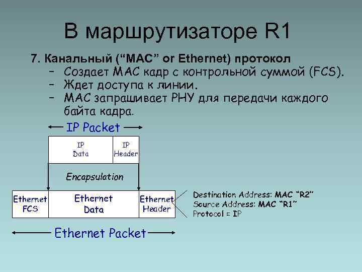 В маршрутизаторе R 1 7. Канальный (“MAC” or Ethernet) протокол – Создает MAC кадр