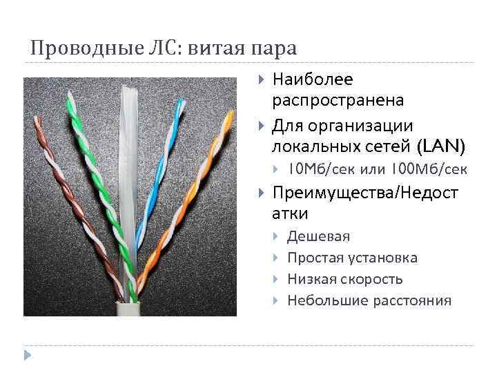 Проводные ЛС: витая пара Наиболее распространена Для организации локальных сетей (LAN) 10 Mб/сек или