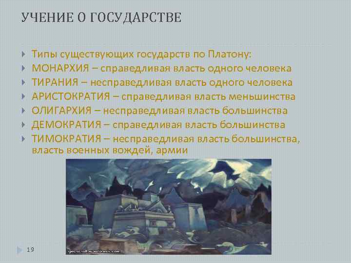  УЧЕНИЕ О ГОСУДАРСТВЕ Типы существующих государств по Платону: МОНАРХИЯ – справедливая власть одного