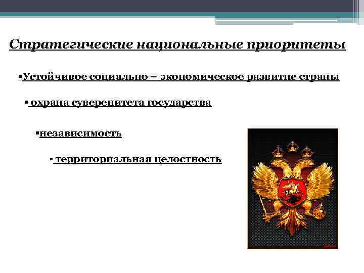 Стратегические национальные приоритеты §Устойчивое социально – экономическое развитие страны § охрана суверенитета государства §независимость