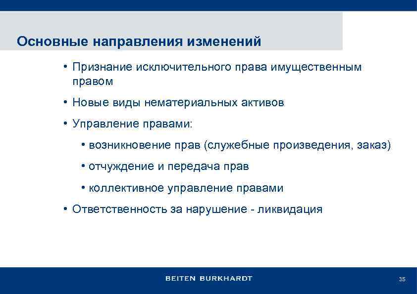 Основные направления изменений • Признание исключительного права имущественным правом • Новые виды нематериальных активов