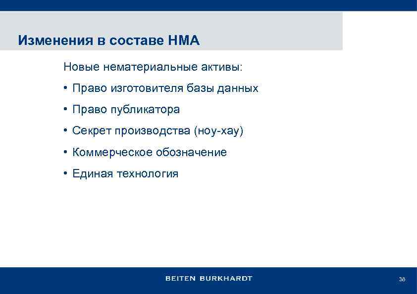 Изменения в составе НМА Новые нематериальные активы: • Право изготовителя базы данных • Право