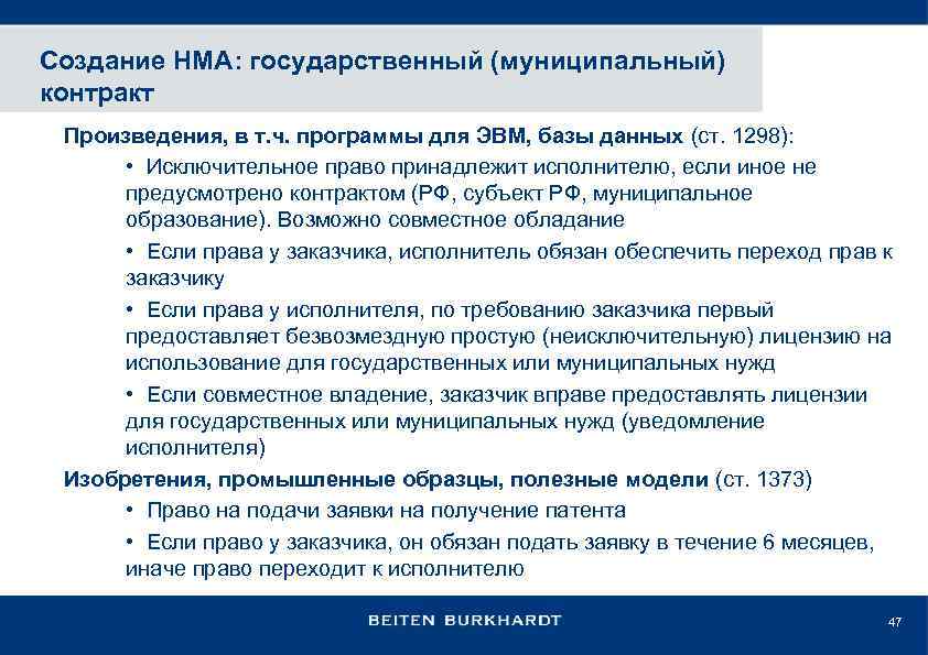 Создание НМА: государственный (муниципальный) контракт Произведения, в т. ч. программы для ЭВМ, базы данных