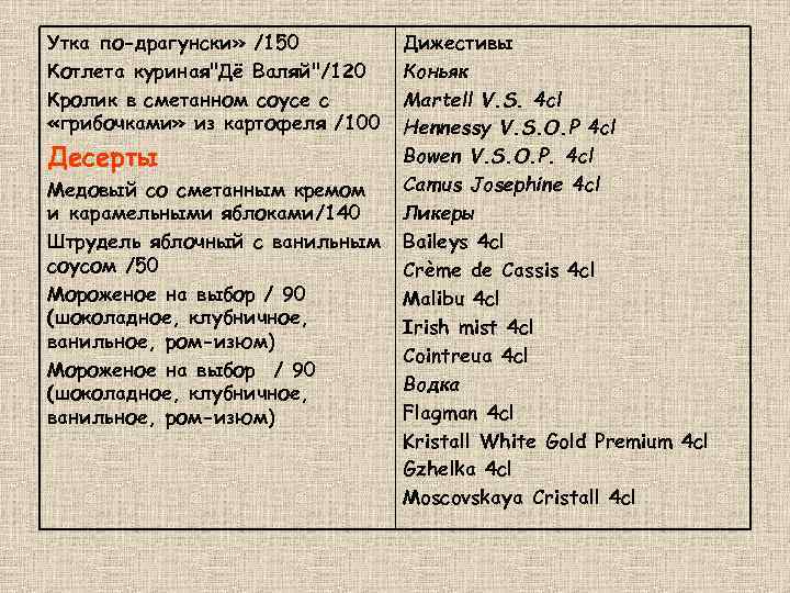 Утка по-драгунски» /150 Котлета куриная"Дё Валяй"/120 Кролик в сметанном соусе с «грибочками» из картофеля