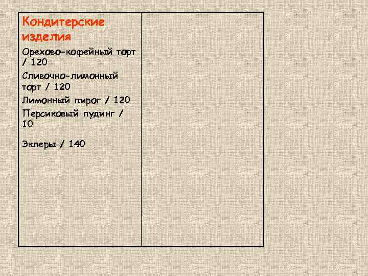 Кондитерские изделия Орехово-кофейный торт / 120 Сливочно-лимонный торт / 120 Лимонный пирог / 120
