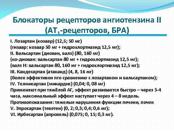 Блокаторы рецепторов ангиотензина II (АТ 1 -рецепторов, БРА) I. Лозартан (козаар) (12, 5; 50