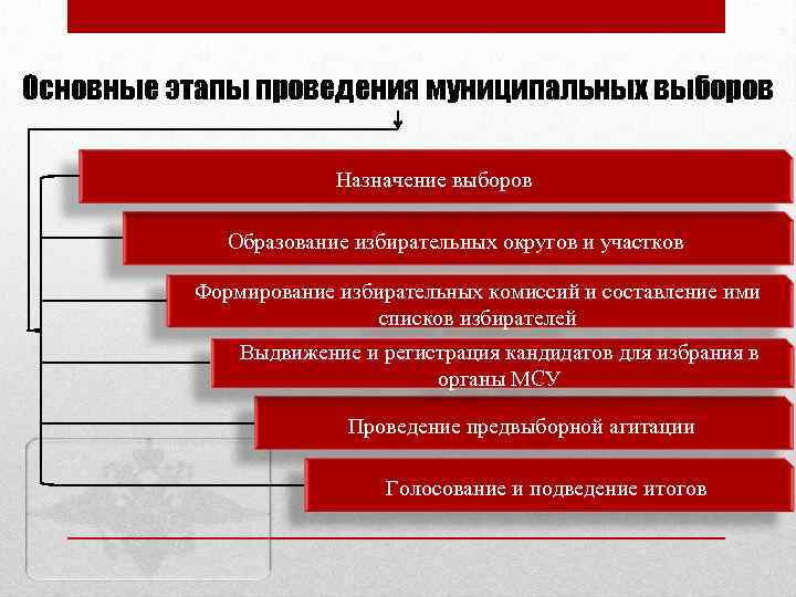 Основные этапы проведения муниципальных выборов Назначение выборов Образование избирательных округов и участков Формирование избирательных