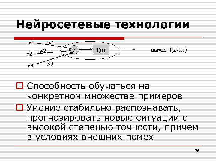 Нейросетевые технологии x 1 x 2 x 3 w 1 w 2 f(u) выход=f(Σwixi)