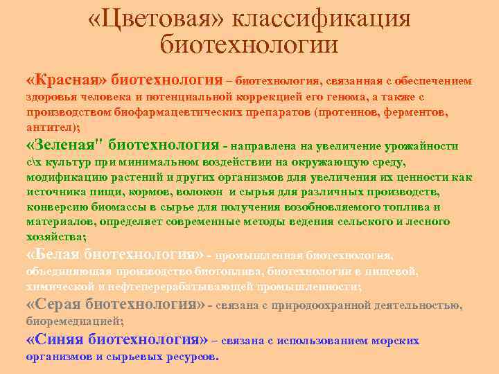  «Цветовая» классификация биотехнологии «Красная» биотехнология – биотехнология, связанная с обеспечением здоровья человека и