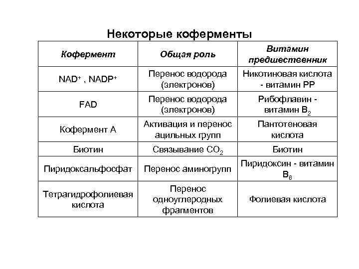 Некоторые коферменты Кофермент Общая роль Витамин предшественник NAD+ , NADP+ Перенос водорода (электронов) Никотиновая