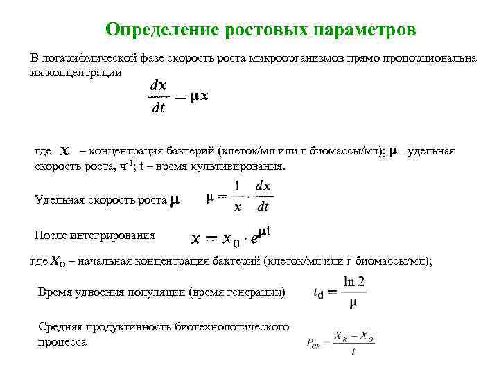 Определение ростовых параметров В логарифмической фазе скорость роста микроорганизмов прямо пропорциональна их концентрации где