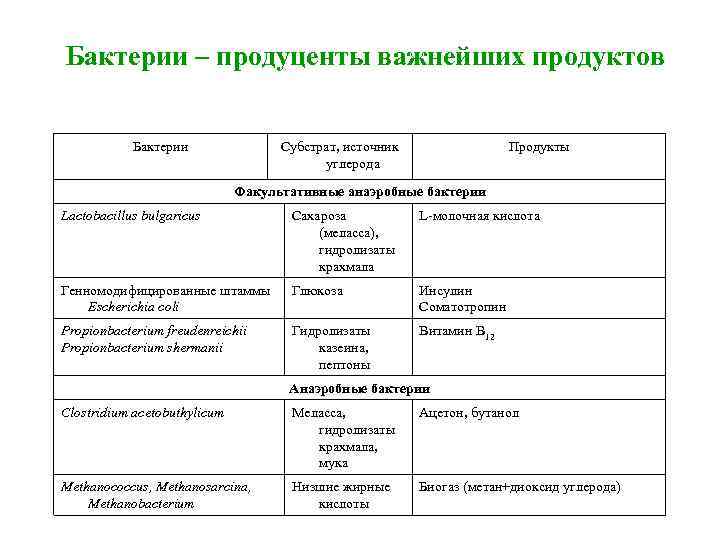 Бактерии – продуценты важнейших продуктов Бактерии Субстрат, источник углерода Продукты Факультативные анаэробные бактерии Lactobacillus