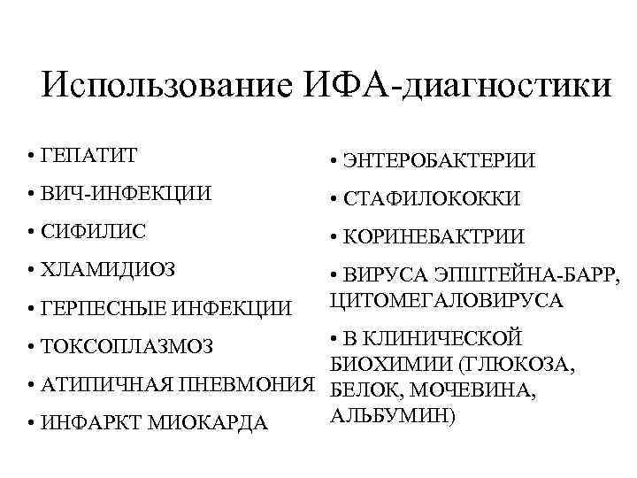 Использование ИФА-диагностики • ГЕПАТИТ • ЭНТЕРОБАКТЕРИИ • ВИЧ-ИНФЕКЦИИ • СТАФИЛОКОККИ • СИФИЛИС • КОРИНЕБАКТРИИ