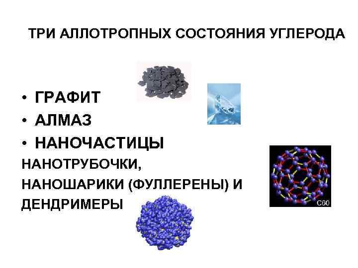 ТРИ АЛЛОТРОПНЫХ СОСТОЯНИЯ УГЛЕРОДА • ГРАФИТ • АЛМАЗ • НАНОЧАСТИЦЫ НАНОТРУБОЧКИ, НАНОШАРИКИ (ФУЛЛЕРЕНЫ) И