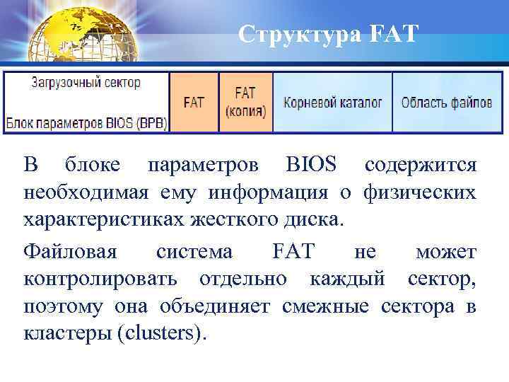 Структура FAT В блоке параметров BIOS содержится необходимая ему информация о физических характеристиках жесткого