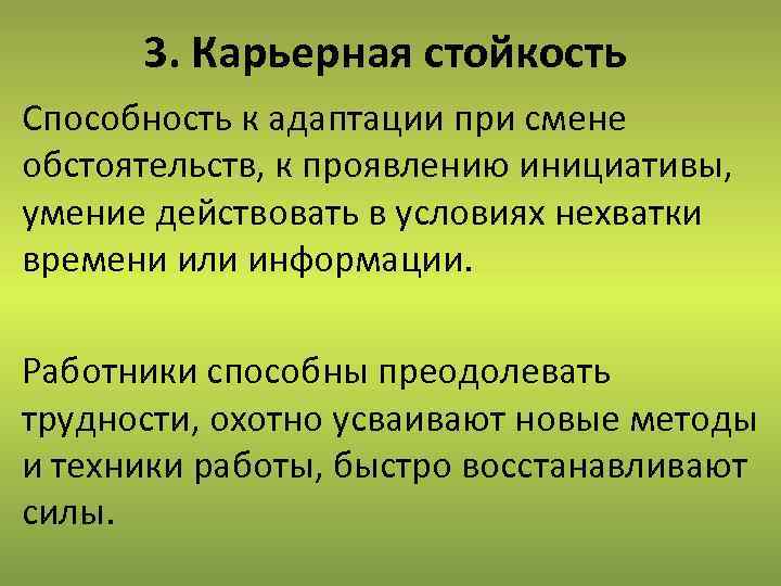 3. Карьерная стойкость Способность к адаптации при смене обстоятельств, к проявлению инициативы, умение действовать