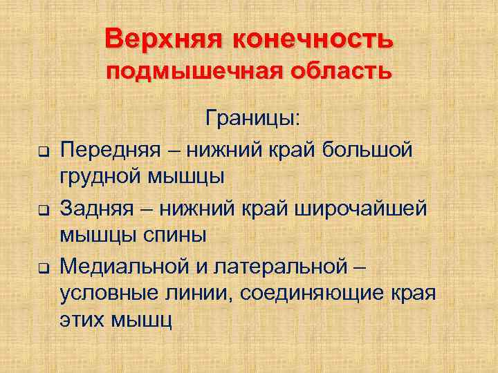 Верхняя конечность подмышечная область q q q Границы: Передняя – нижний край большой грудной