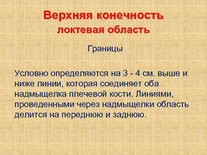 Верхняя конечность локтевая область Границы Условно определяются на 3 - 4 см. выше и