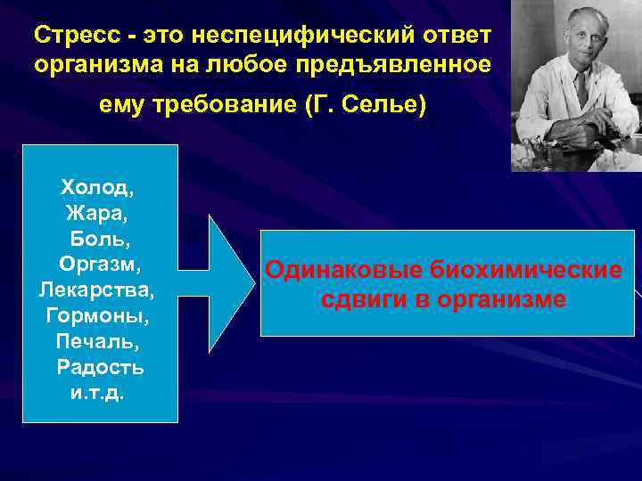 Стресс - это неспецифический ответ организма на любое предъявленное ему требование (Г. Селье) Холод,