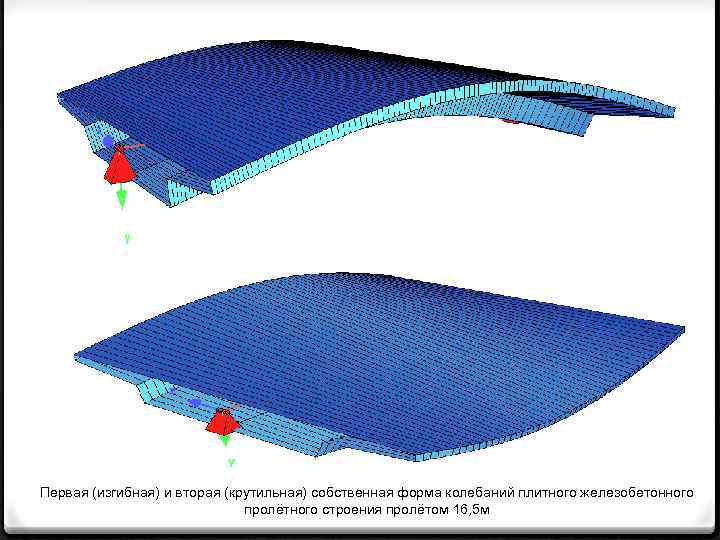 Первая (изгибная) и вторая (крутильная) собственная форма колебаний плитного железобетонного пролётного строения пролётом 16,