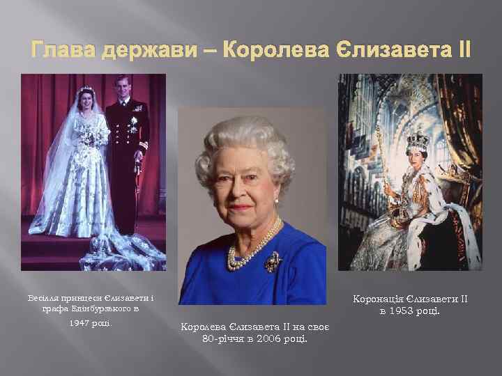 Глава держави – Королева Єлизавета ІІ Весілля принцеси Єлизавети і графа Едінбурзького в 1947