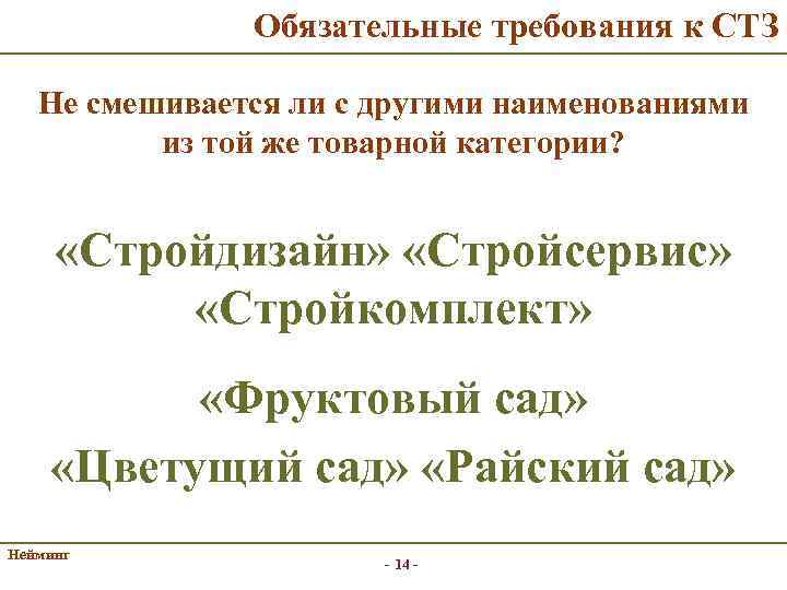 Обязательные требования к СТЗ Не смешивается ли с другими наименованиями из той же товарной