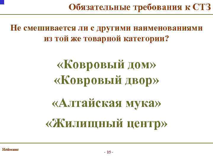 Обязательные требования к СТЗ Не смешивается ли с другими наименованиями из той же товарной