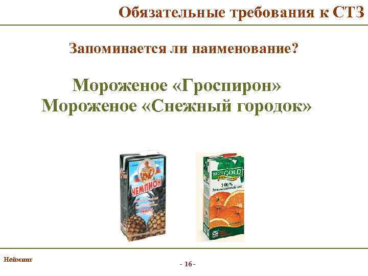 Обязательные требования к СТЗ Запоминается ли наименование? Мороженое «Гроспирон» Мороженое «Снежный городок» Нейминг -