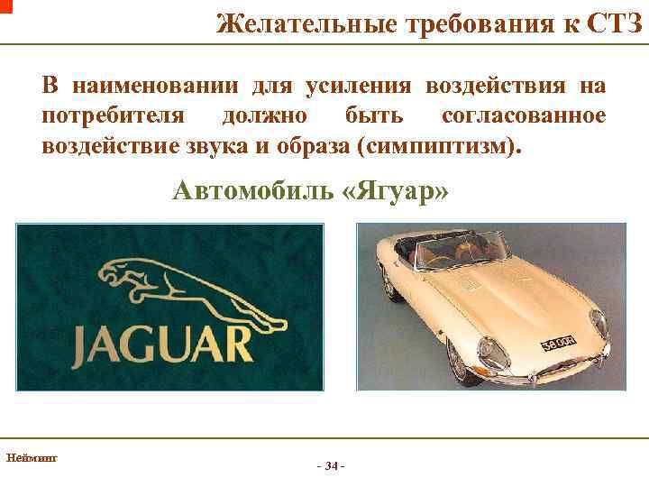 Желательные требования к СТЗ В наименовании для усиления воздействия на потребителя должно быть согласованное