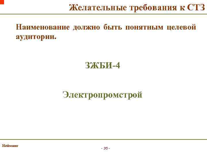 Желательные требования к СТЗ Наименование должно быть понятным целевой аудитории. ЗЖБИ-4 Электропромстрой Нейминг -