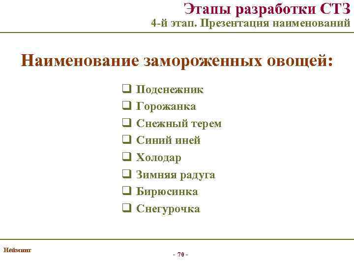 Этапы разработки СТЗ 4 -й этап. Презентация наименований Наименование замороженных овощей: q q q