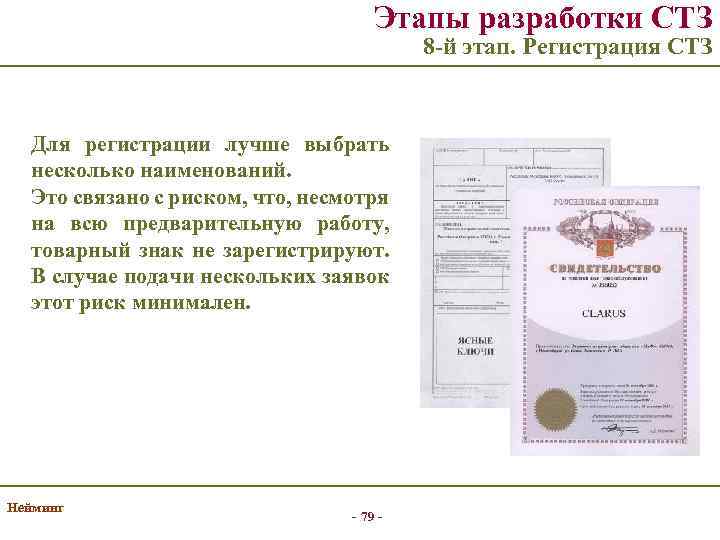 Этапы разработки СТЗ 8 -й этап. Регистрация СТЗ Для регистрации лучше выбрать несколько наименований.