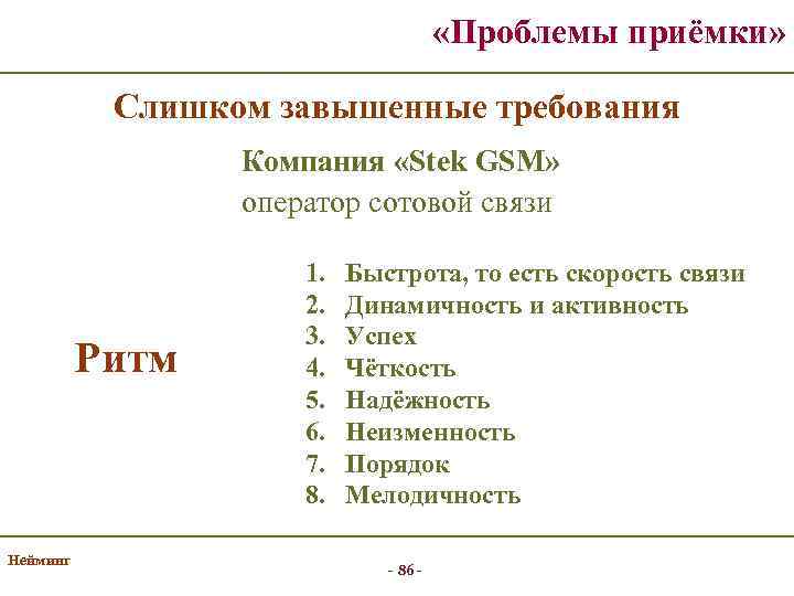  «Проблемы приёмки» Слишком завышенные требования Компания «Stek GSM» оператор сотовой связи Ритм Нейминг