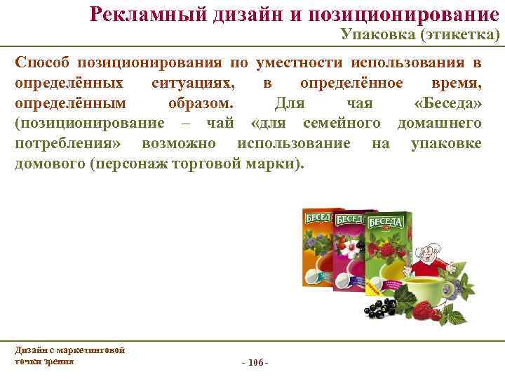 Рекламный дизайн и позиционирование Упаковка (этикетка) Способ позиционирования по уместности использования в определённых ситуациях,