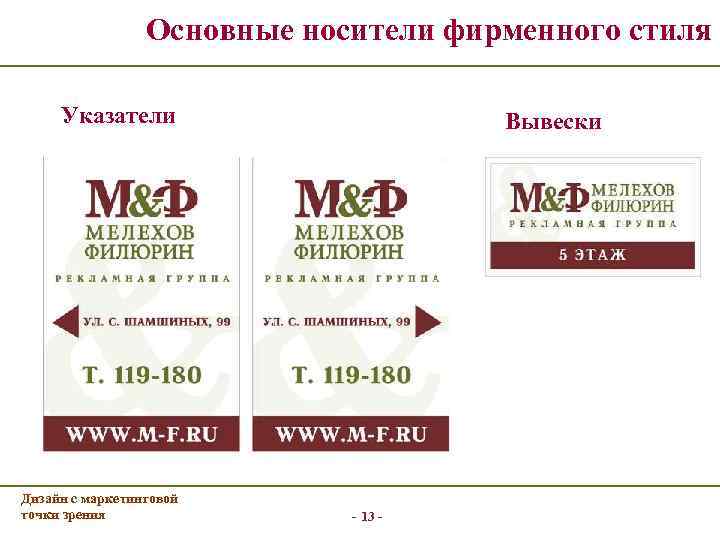 Основные носители фирменного стиля Указатели Дизайн с маркетинговой точки зрения Вывески - 13 -