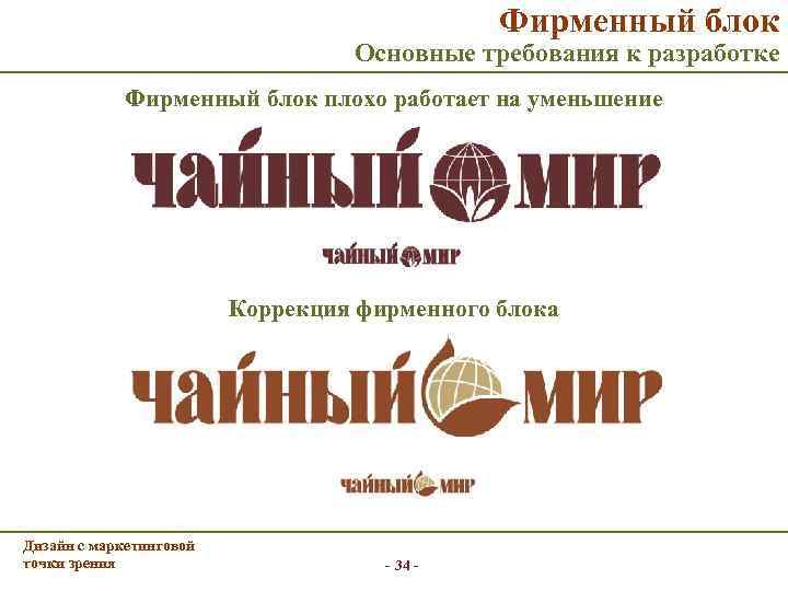 Фирменный блок Основные требования к разработке Фирменный блок плохо работает на уменьшение Коррекция фирменного