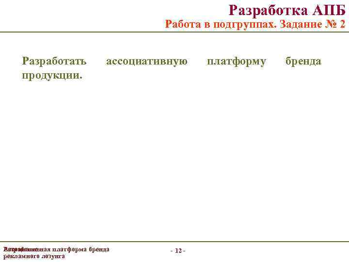 Разработка АПБ Работа в подгруппах. Задание № 2 Разработать продукции. ассоциативную Разработка Ассоциативная платформа