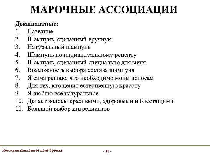 МАРОЧНЫЕ АССОЦИАЦИИ Доминантные: 1. Название 2. Шампунь, сделанный вручную 3. Натуральный шампунь 4. Шампунь